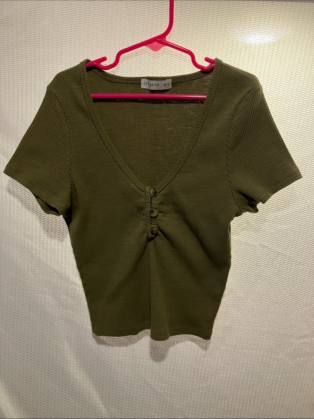 Cotton On Olive Green Ribbed V-Neck Button Crop Top